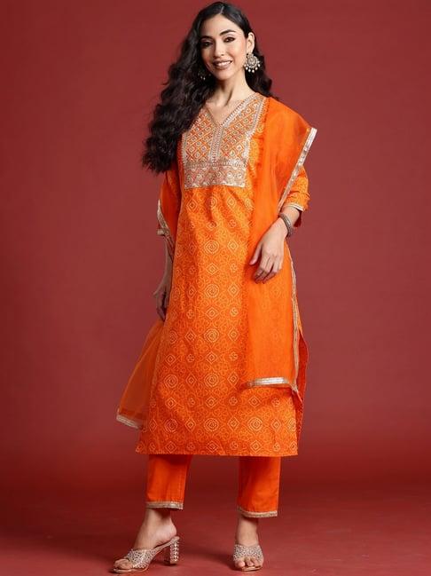 indo era orange cotton printed kurta pant set with dupatta
