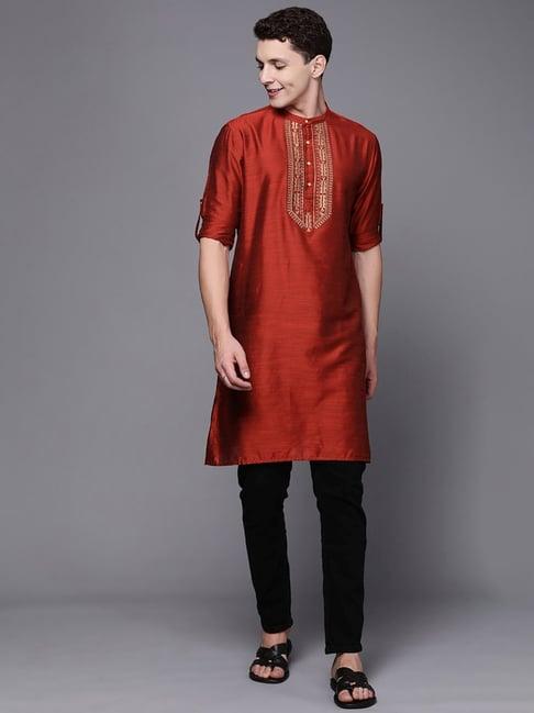 indo era orange cotton regular fit embroidered kurta