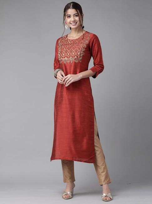 indo era orange embellished straight kurta