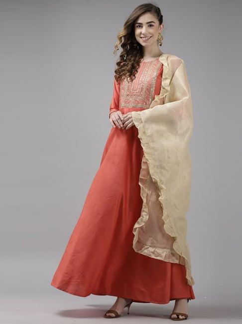 indo era orange embroidered flared kurta with dupatta