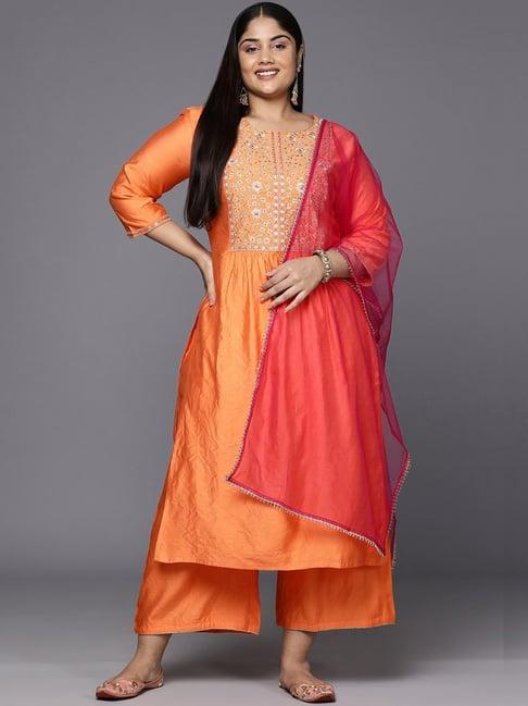 indo era orange embroidered kurta palazzo set with dupatta