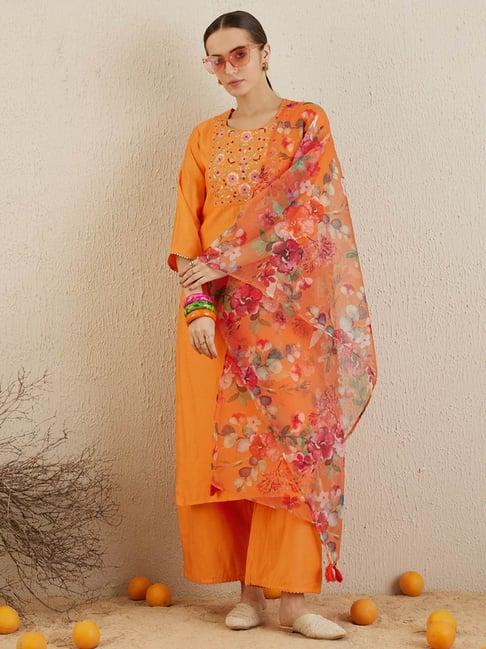 indo era orange embroidered kurta palazzo set with dupatta