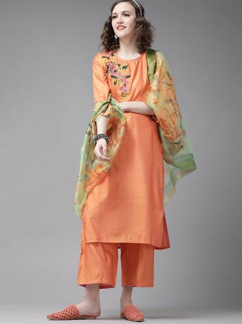 indo era orange embroidered kurta palazzo set with dupatta