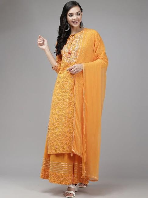 indo era orange embroidered kurta palazzo set with dupatta