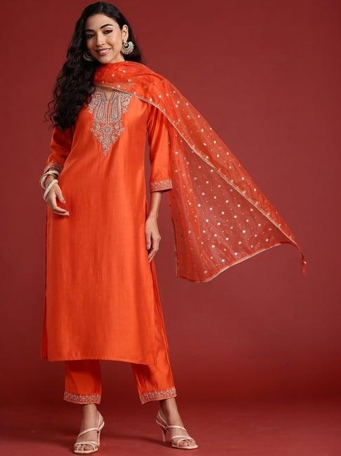 indo era orange embroidered kurta pant set with dupatta