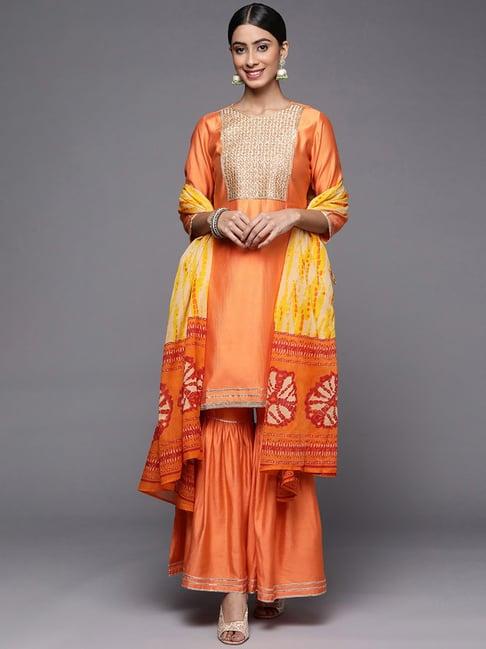 indo era orange embroidered kurta sharara set with dupatta