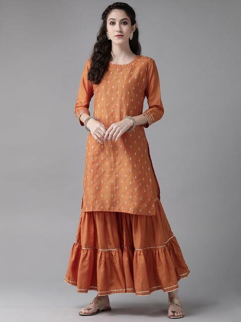indo era orange embroidered kurta sharara set