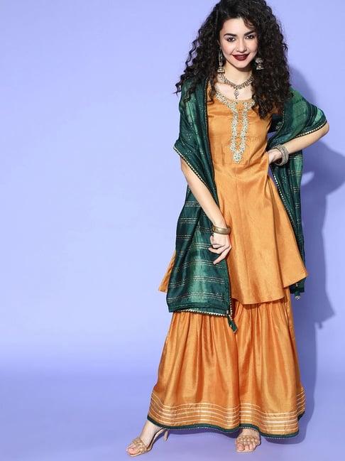 indo era orange embroidered kurti sharara set with dupatta