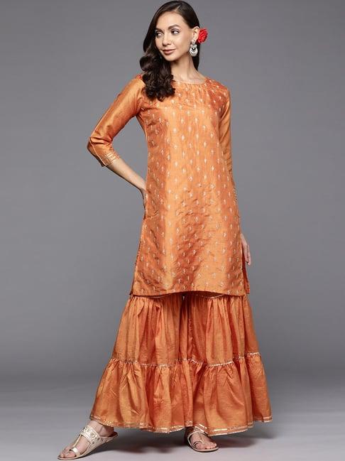 indo era orange embroidered kurti sharara set