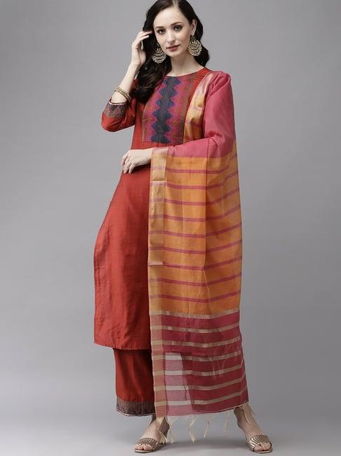 indo era orange woven pattern kurta palazzo set with dupatta