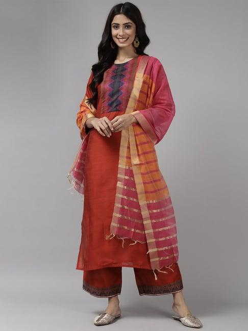 indo era orange woven pattern kurta palazzo set with dupatta