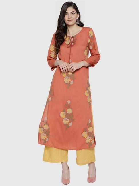 indo era orange woven pattern straight kurta