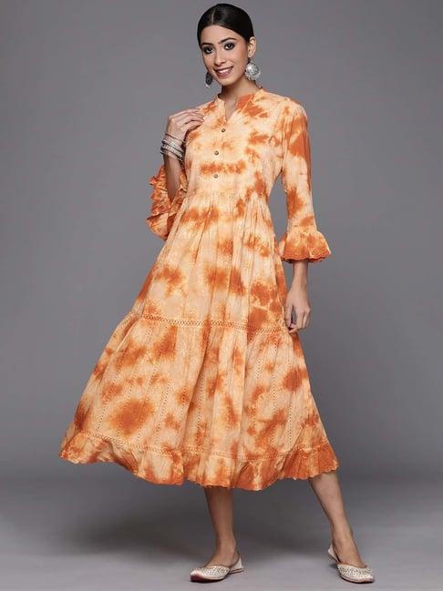 indo era peach & rust cotton embroidered a-line dress