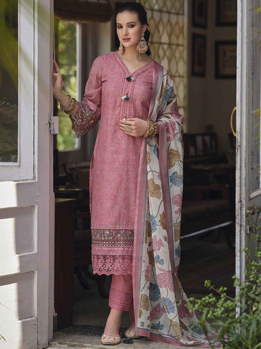 indo era peach-coloured & blue floral printed thread work linen kurta set