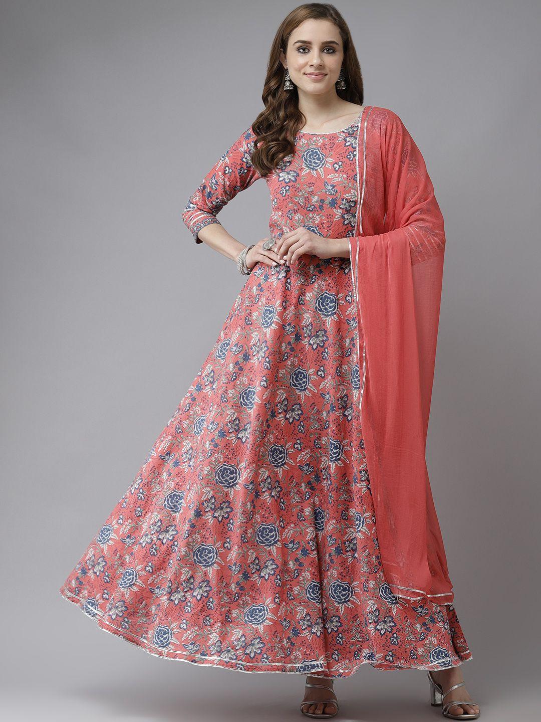 indo era peach-coloured & navy blue floral printed cotton anarkali kurta with dupatta