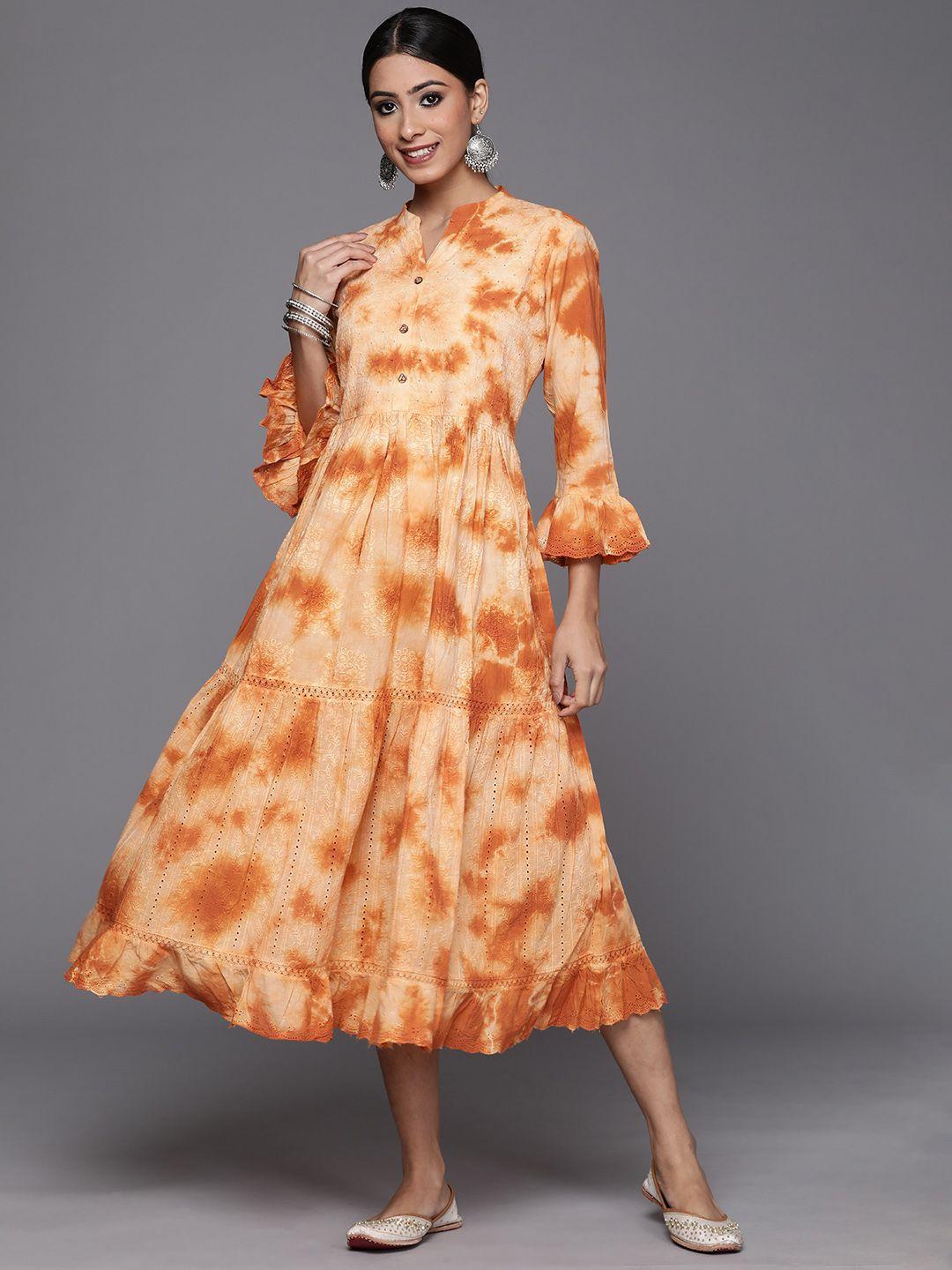 indo era peach-coloured & rust orange dyed embroidered cotton tiered a-line midi dress