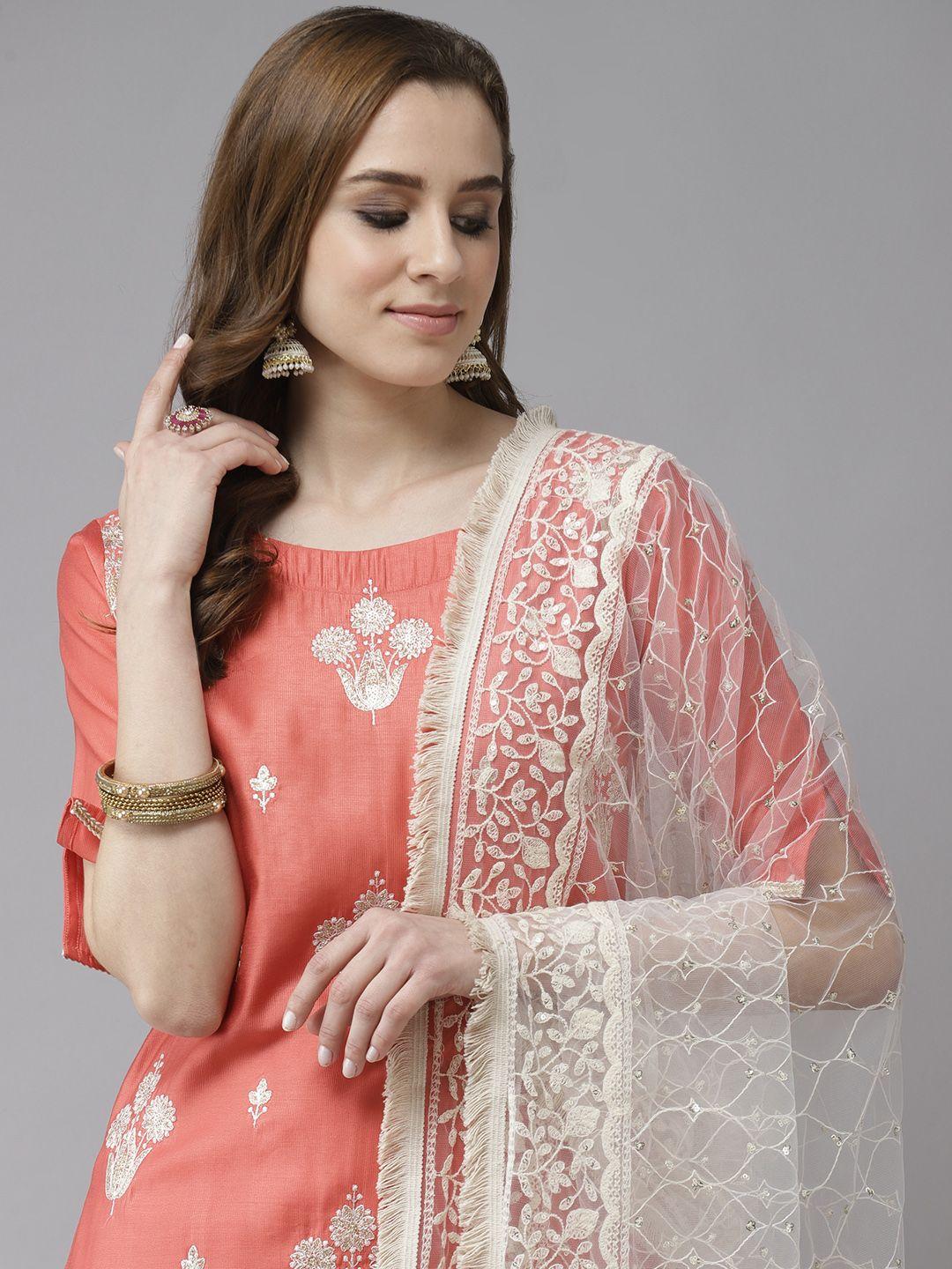 indo era peach-coloured striped ethnic embroidered liva straight kurta palazzos dupatta