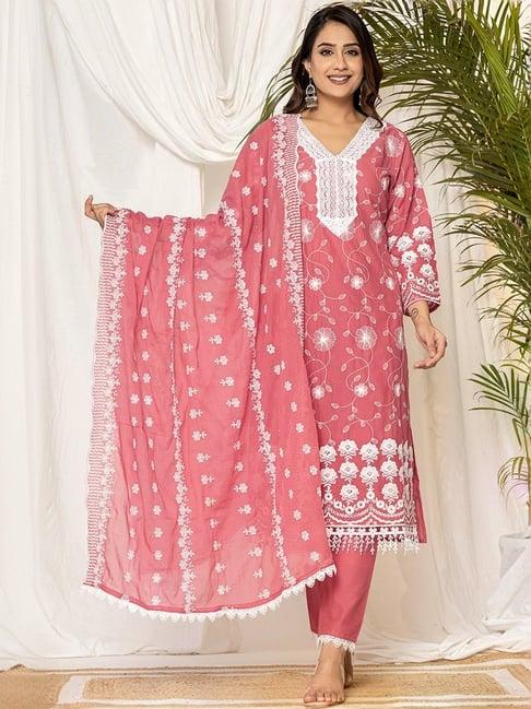 indo era peach cotton embroidered kurta pant set with dupatta