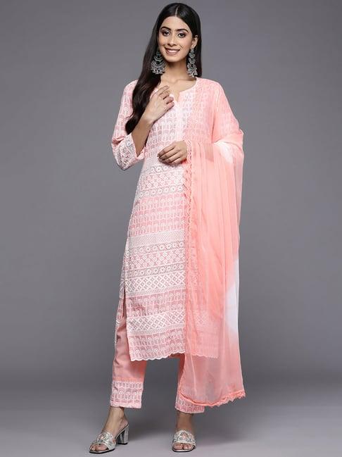 indo era peach cotton embroidered kurta pant set with dupatta