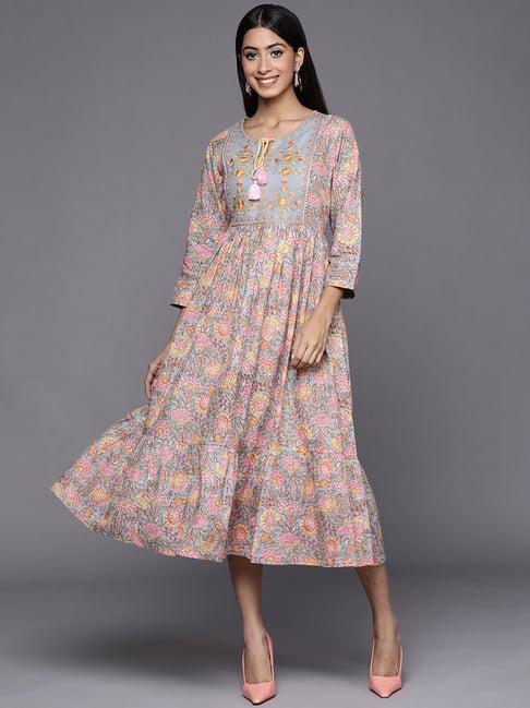 indo era peach cotton floral print a-line dress