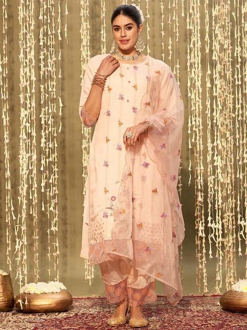 indo era peach embroidered kurta and pant set with dupatta