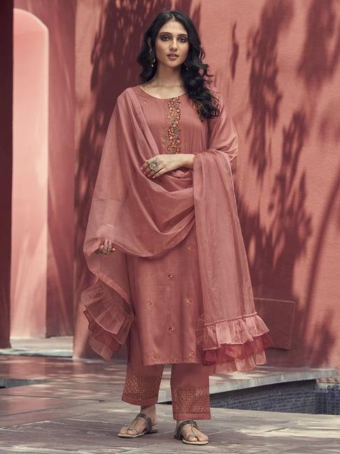 indo era peach embroidered kurta palazzo set with dupatta