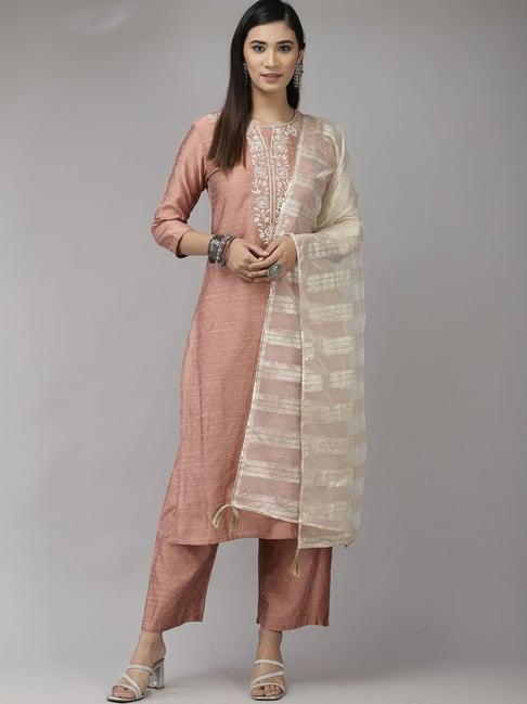 indo era peach embroidered kurta palazzo set with dupatta