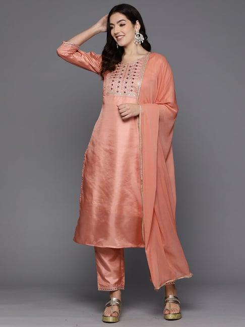 indo era peach embroidered kurta pant set with dupatta