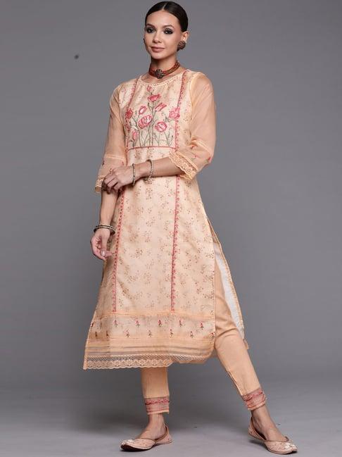 indo era peach embroidered kurta pant set with dupatta