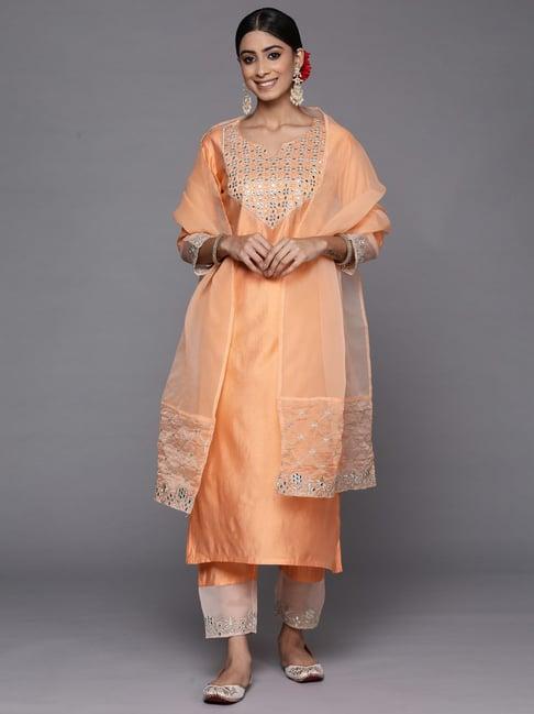 indo era peach embroidered kurta pant set with dupatta