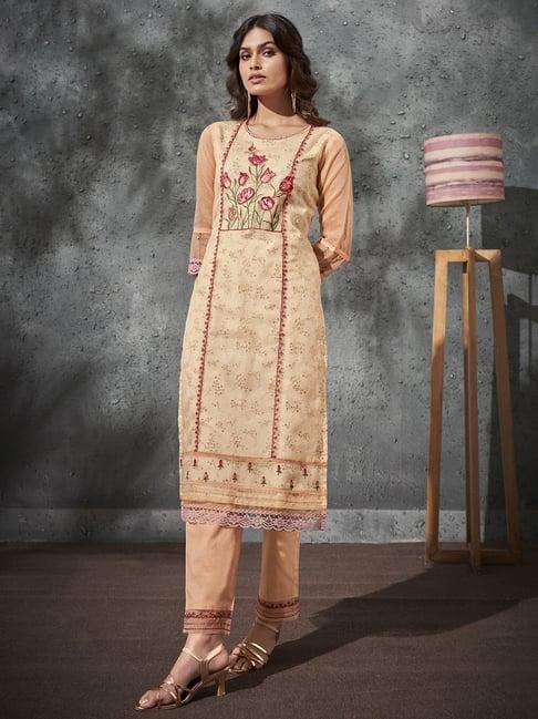 indo era peach embroidered kurta pant set