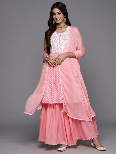 indo era peach embroidered kurta sharara set with dupatta