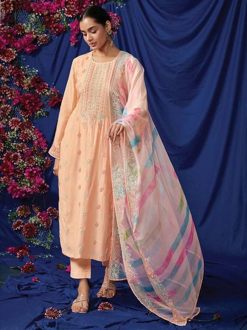 indo era peach embroidered pure cotton kurta with pant & dupatta