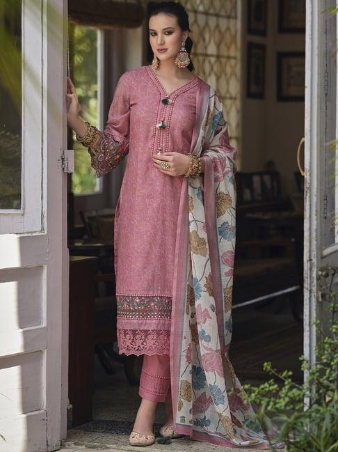 indo era peach linen embroidered kurta pant set with dupatta