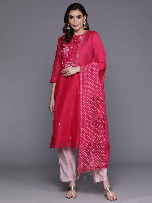 indo era pink & purple embroidered kurta pant set with dupatta