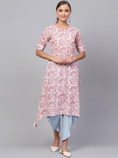 indo era pink & white cotton printed a line kurta