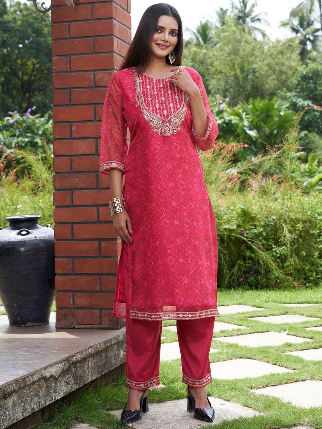 indo era pink bandhani printed yoke design regular sequinned kurta with trousers & dupatta