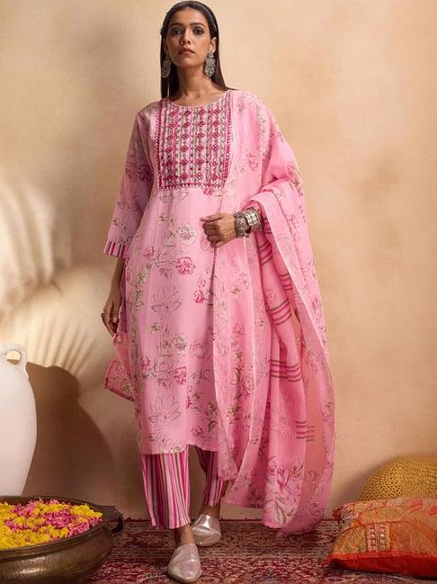 indo era pink cotton embroidered kurta pant set with dupatta