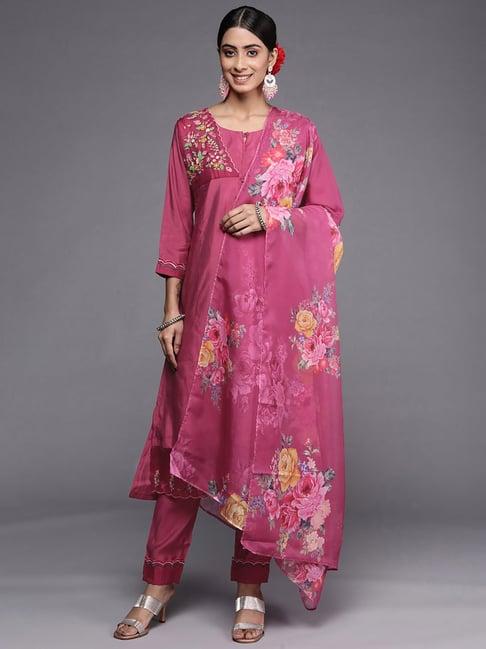 indo era pink cotton embroidered kurta pant set with dupatta