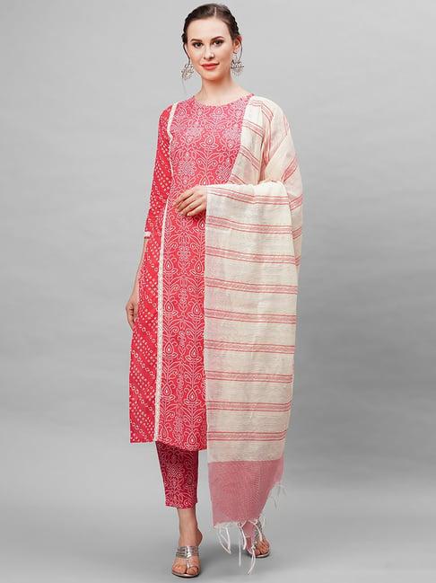 indo era pink cotton printed kurta pant set with dupatta
