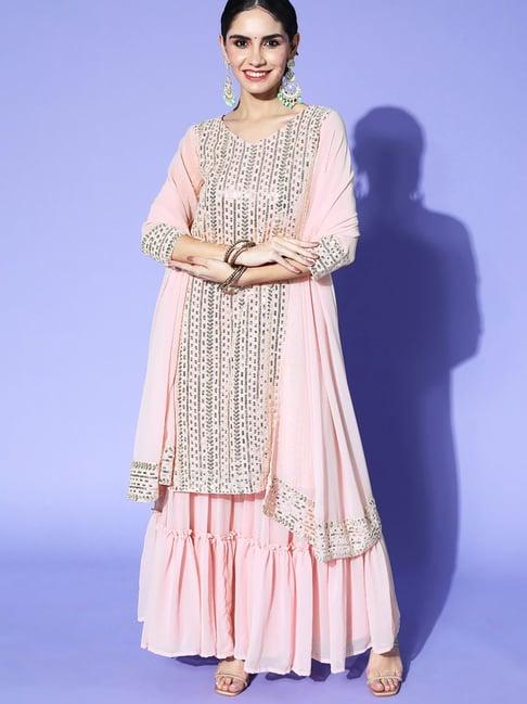 indo era pink embellished kurta sharara set with dupatta