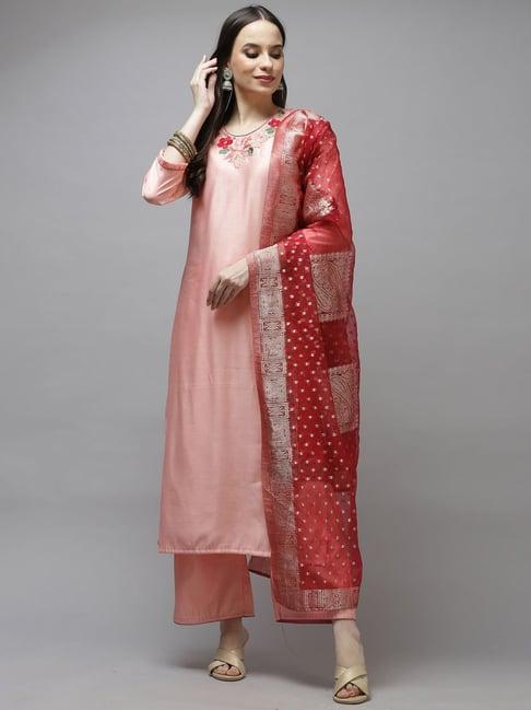 indo era pink embroidered kurta palazzo set with dupatta