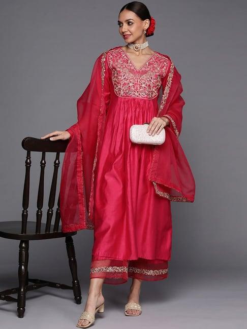 indo era pink embroidered kurta palazzo set with dupatta