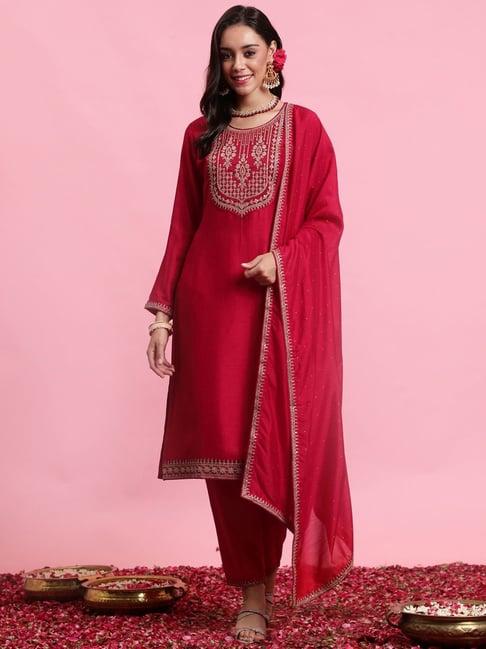 indo era pink embroidered kurta pant set with dupatta