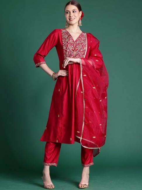 indo era pink embroidered kurta pant set with dupatta