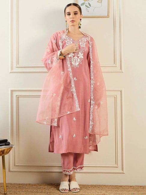 indo era pink embroidered kurta pant set with dupatta