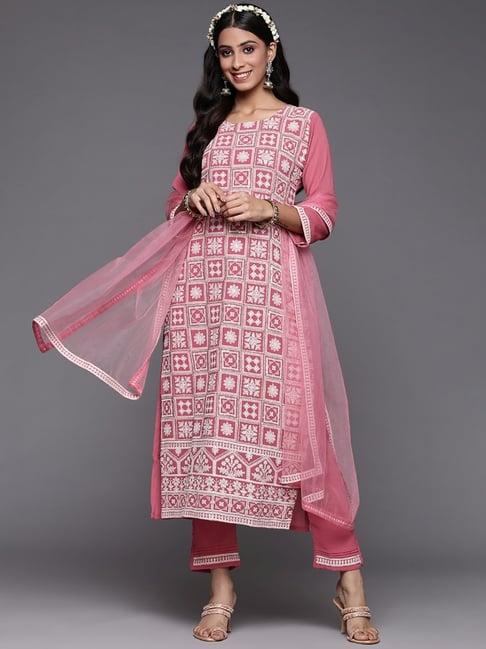 indo era pink embroidered kurta pant set with dupatta