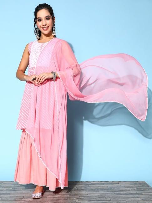 indo era pink embroidered kurta sharara set with dupatta