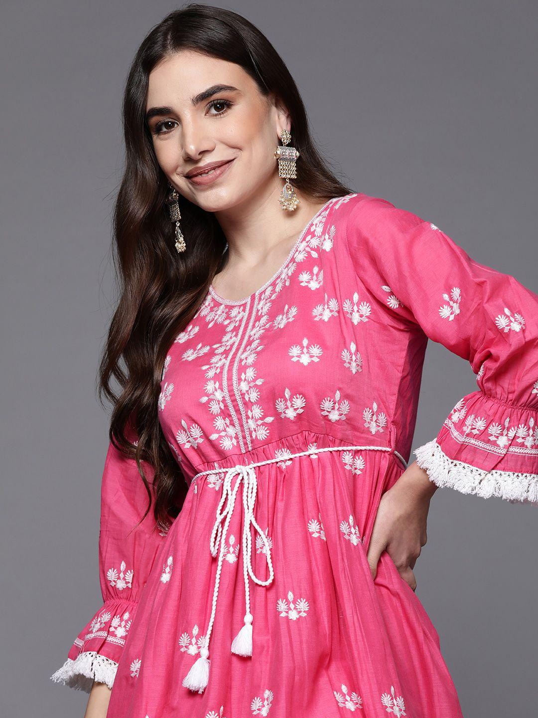 indo era pink ethnic motifs embroidered cotton ethnic a-line dress