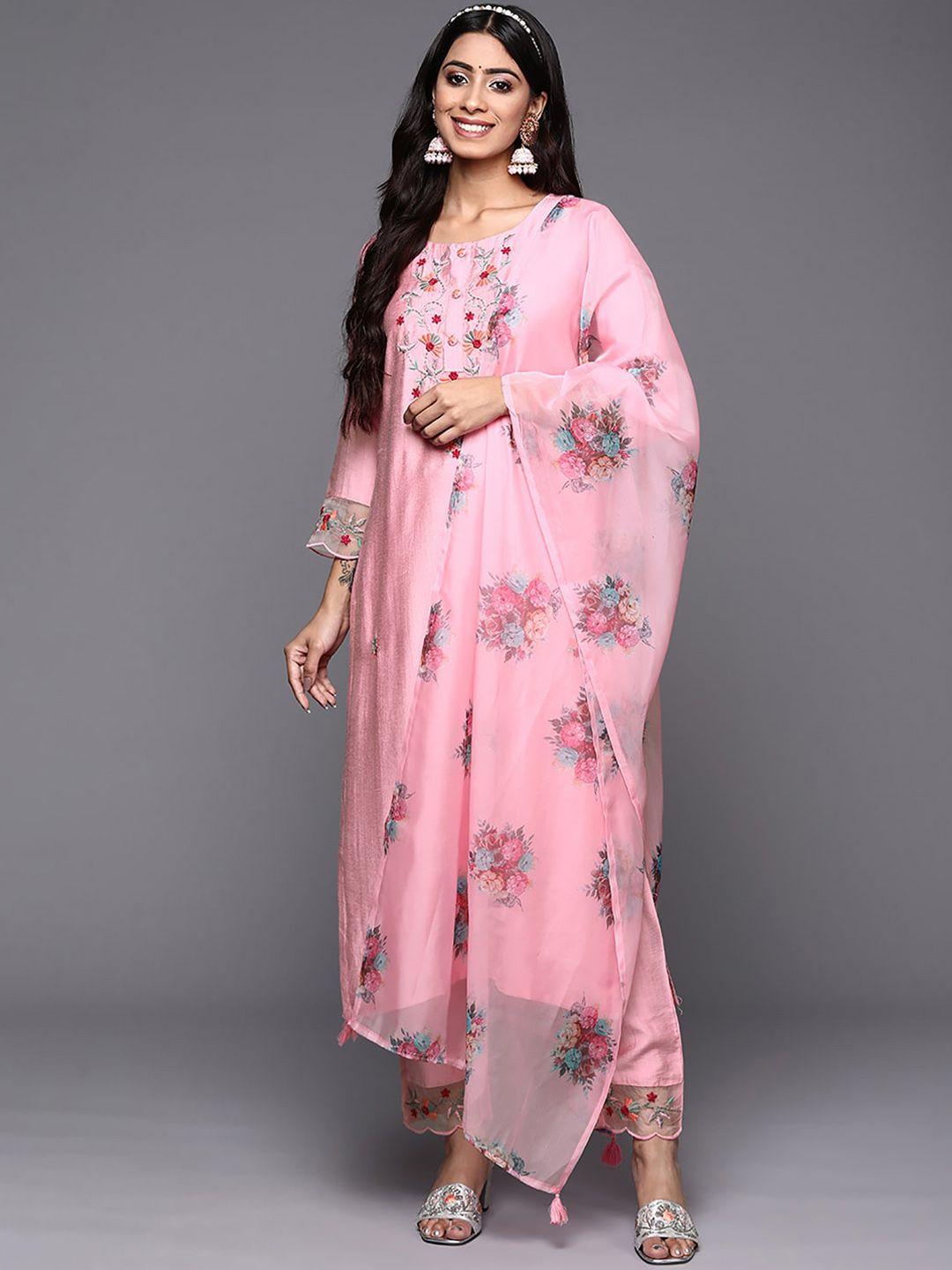 indo era pink floral embroidered kurta with trousers & dupatta
